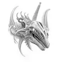 Biomechanical xenomorph dragon with a hidden shark sleeve tattoo design idea