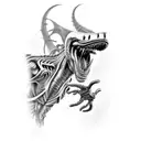 Biomechanical xenomorph dragon with a hidden shark sleeve tattoo design idea