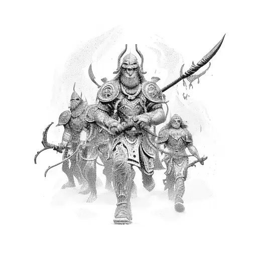 A group of adventurers wielding golden weapons, fearlessly battling a horde of giants tattoo design idea