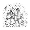 A group of adventurers wielding golden weapons, fearlessly battling a horde of giants tattoo design idea