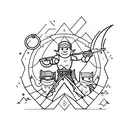 A group of adventurers wielding golden weapons, fearlessly battling a horde of giants tattoo design idea