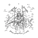 A group of adventurers wielding golden weapons, fearlessly battling a horde of giants tattoo design idea