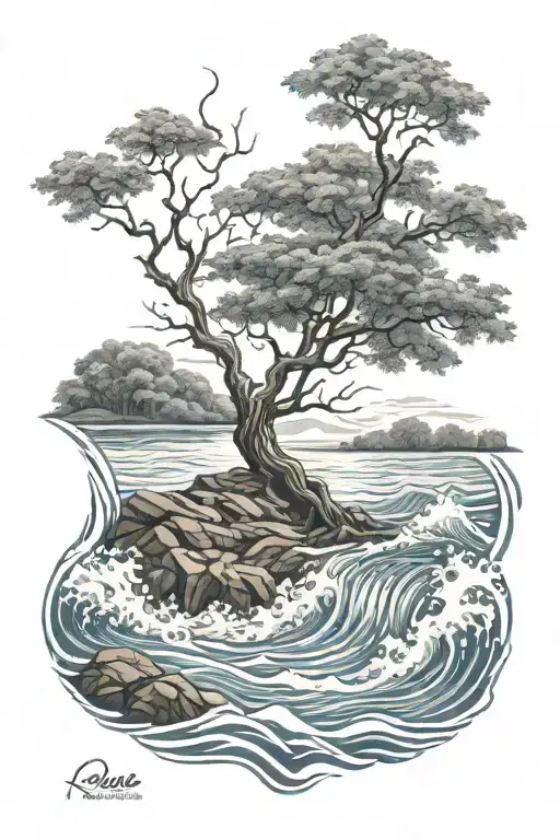 ash tree over water waves tattoo design idea