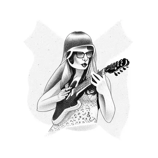 Rock n Roll-themed tattoo featuring a woman with a guitar and a network infrastructure design tattoo design idea