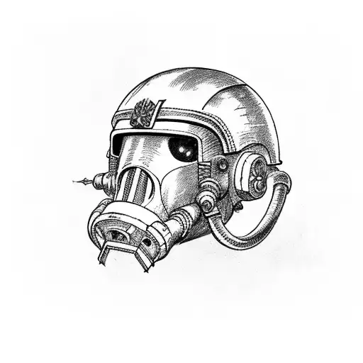 space marine helmet from warhammer 40000, with red lenses, a respirator grille stylized as a fanged mouth tattoo design idea