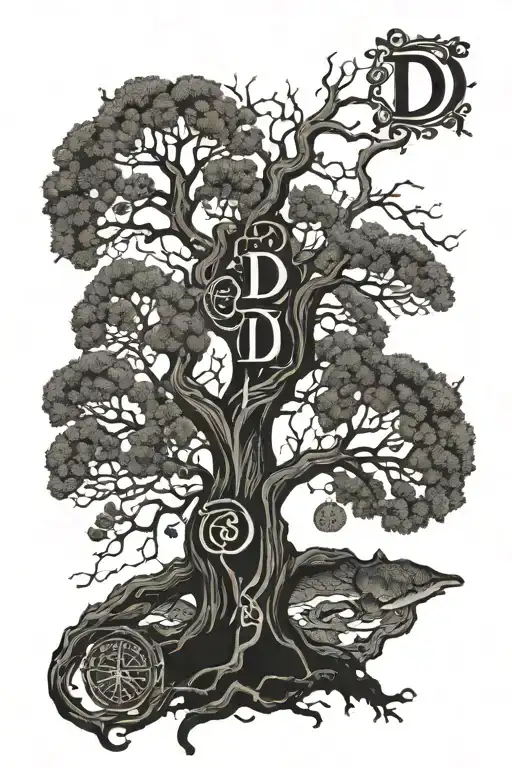 ancient tree with the letter D in the center. four branches with the names Amber, James, Easton, and Hunter tattoo design idea