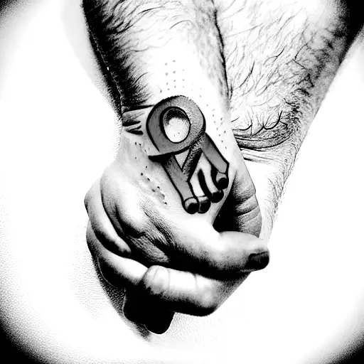 the hand of a father holding the hand of a baby, near the tattoo there is a little "M" letter written in cursive tattoo design idea