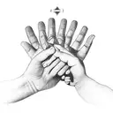 the hand of a father holding the hand of a baby, near the tattoo there is a little "M" letter written in cursive tattoo design idea