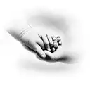 the hand of a father holding the hand of a baby, near the tattoo there is a little "M" letter written in cursive tattoo design idea