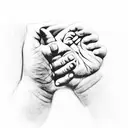 the hand of a father holding the hand of a baby, near the tattoo there is a little "M" letter written in cursive tattoo design idea