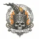 dark souls bonfire with darksign ring with the words "memeto mori amor fati" written around it tattoo design idea
