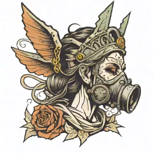 lady liberty with gas mask and blind fold  tattoo design idea