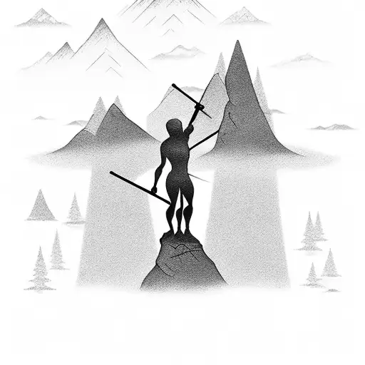 A silhouette of a person doing a cross fit exercise in a scenic mountain landscape tattoo design idea