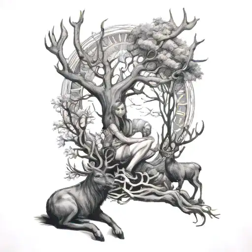 Mother nature kneeling by the tree of life with two elks tattoo design idea
