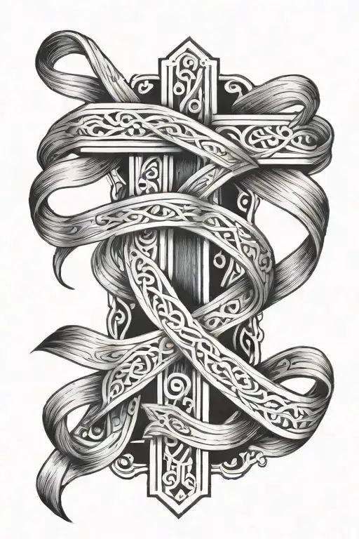 cross with ribbon intertwined tattoo design idea