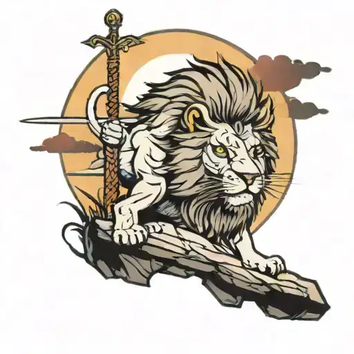 a lion with a sword in his mouth stands on a rock with his pride and sunset in the background tattoo design idea