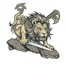 a lion with a sword in his mouth stands on a rock with his pride and sunset in the background tattoo design idea