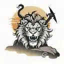 a lion with a sword in his mouth stands on a rock with his pride and sunset in the background tattoo design idea