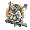 a lion with a sword in his mouth stands on a rock with his pride and sunset in the background tattoo design idea