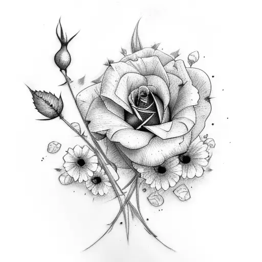 vine with rose, daisy, lavender, ademone, dame's rocket tattoo design idea
