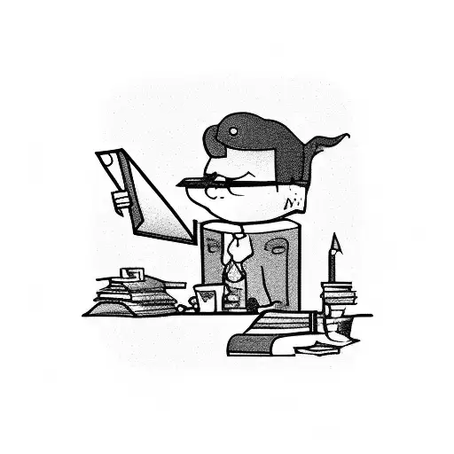 A whimsical cartoon editor character working at a desk with a stack of papers and a pencil, surrounded by floating editing symbols like a magnifying glass and a speech bubble tattoo design idea