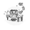 A whimsical cartoon editor character working at a desk with a stack of papers and a pencil, surrounded by floating editing symbols like a magnifying glass and a speech bubble tattoo design idea