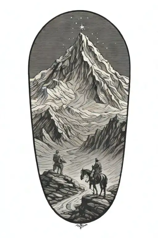 Kilimanjaro, snow peak, angel wing, hikers show a path, shooting star in the sky, horse tattoo design idea