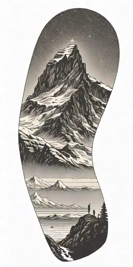 Kilimanjaro, snow peak, angel wing, hikers show a way, shooting star in the sky, tattoo design idea