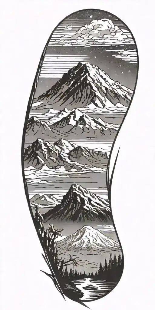 Kilimanjaro and snow peak, angel wing, angel, hikers show a way, shooting star in the sky tattoo design idea