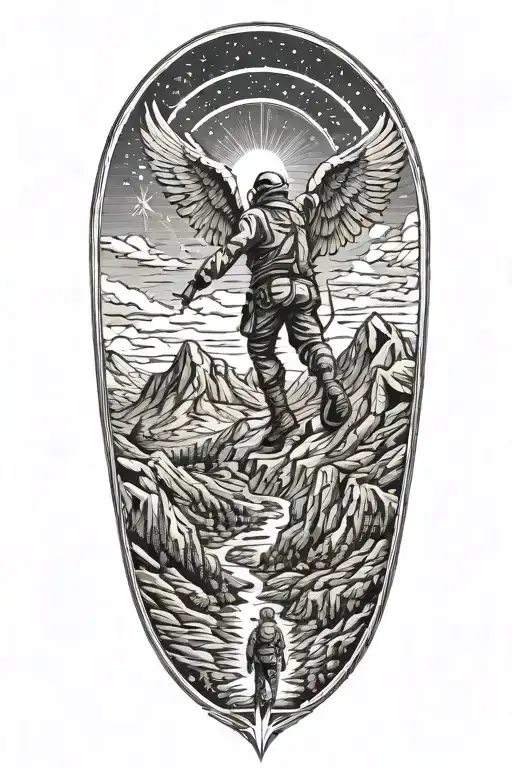 mountain, angel wing, angel, hikers show a way, shooting star in the sky tattoo design idea