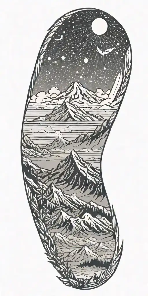 Kilimanjaro, snow peak, angel wing, hikers show a way, shooting star in the sky, tattoo design idea