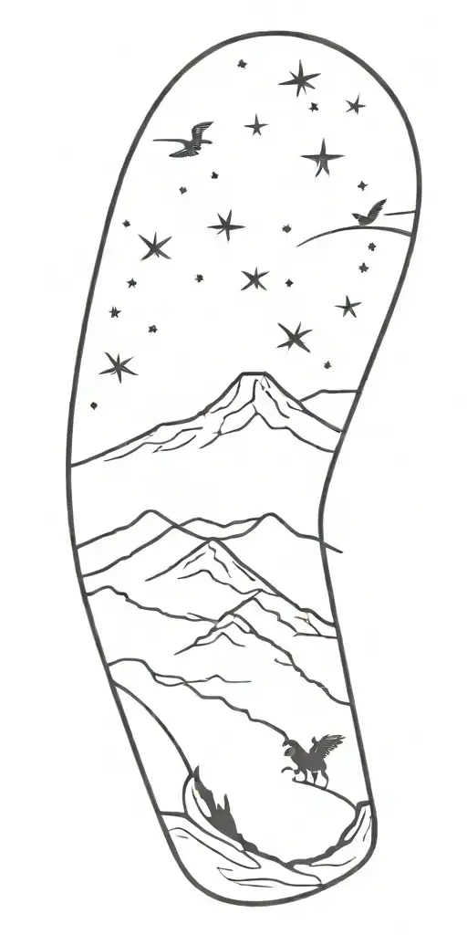 Kilimanjaro, snow peak, angel wing, hikers show a way, shooting star in the sky, horseshoe tattoo design idea