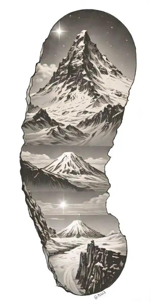 piton of snow, Kilimanjaro, snow peak, angel wing, hikers show a way, shooting star in the sky, horse key tattoo design idea