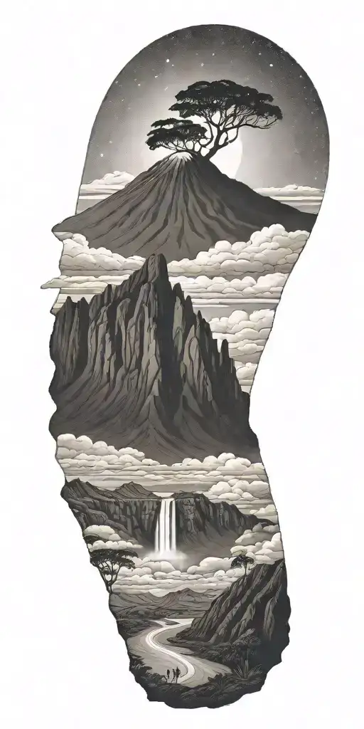 Kilimanjaro, "piton des neiges" in Reunion Island, angel's wing, shooting star, hikers, horseshoe  tattoo design idea