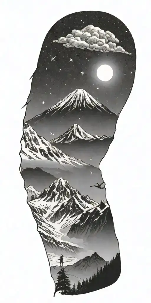 Kilimanjaro, snow peak, angel wing, hikers show a way, shooting star in the sky, tattoo design idea
