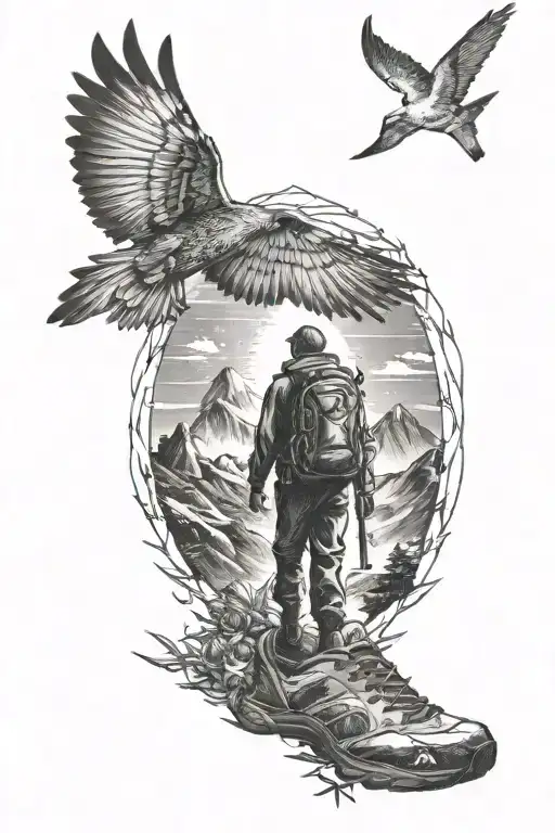 kilimanjaro, shooting star, angel wing, hiker, inverted horseshoe tattoo design idea