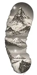 piton of snow, Kilimanjaro, snow peak, angel wing, hikers show a way, shooting star in the sky, horse key tattoo design idea