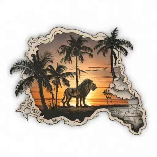 Sunset with palm tree, lion and brittany map tattoo design idea