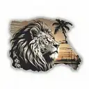 Sunset with palm tree, lion and brittany map tattoo design idea