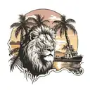 Sunset with palm tree, lion and brittany map tattoo design idea