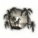 Sunset with palm tree, lion and brittany map tattoo design idea