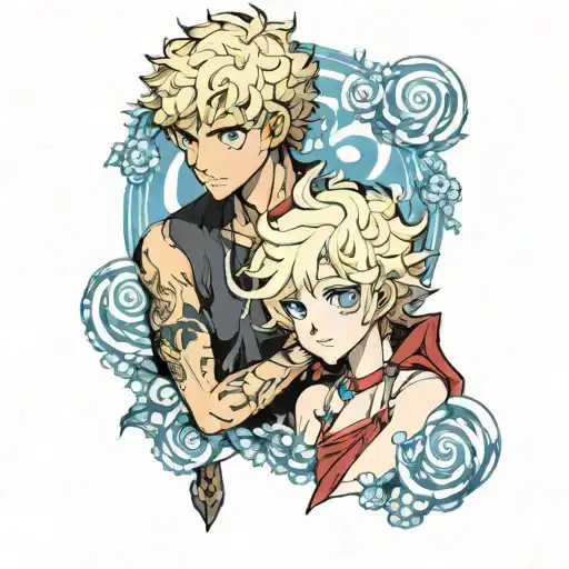 black curly haired hispanic boy and a blonde short haired girl with blue eyes tattoo design idea