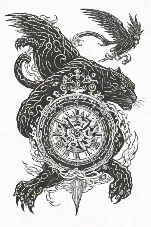 panther angry, clock surrounded, flames, samurai line pattern, phoenix, hands reaching tattoo design idea