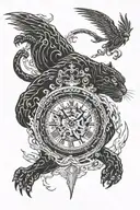 panther angry, clock surrounded, flames, samurai line pattern, phoenix, hands reaching tattoo design idea