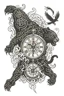 panther angry, clock surrounded, flames, samurai line pattern, phoenix, hands reaching tattoo design idea