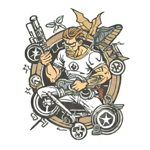 A plumber fixing a broken vinyl record with superhero symbols and hockey logos tattoo design idea