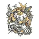 A plumber fixing a broken vinyl record with superhero symbols and hockey logos tattoo design idea