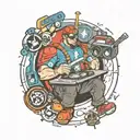 A plumber fixing a broken vinyl record with superhero symbols and hockey logos tattoo design idea