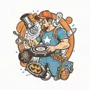 A plumber fixing a broken vinyl record with superhero symbols and hockey logos tattoo design idea