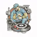 A plumber fixing a broken vinyl record with superhero symbols and hockey logos tattoo design idea